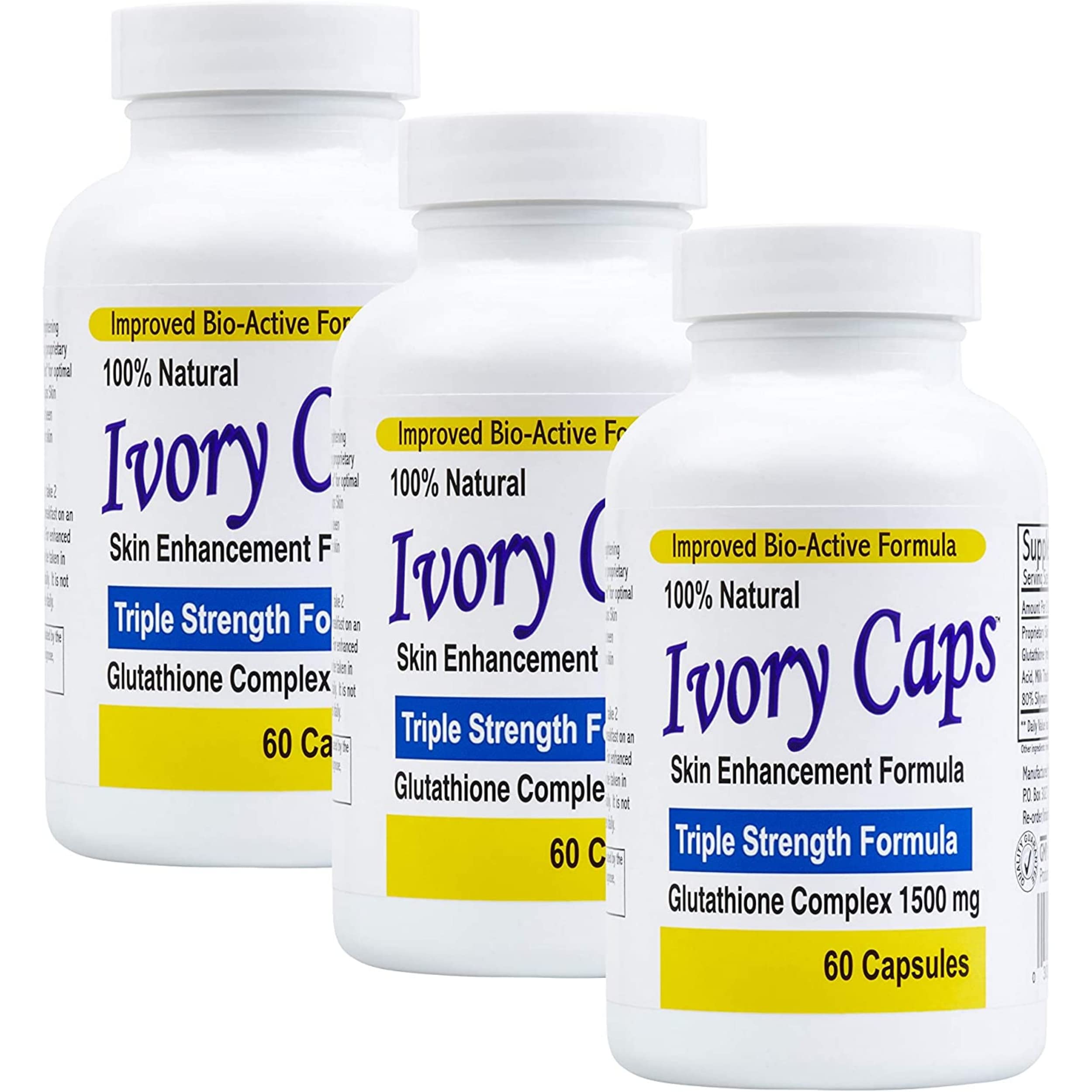 Ivory Caps frasco frente mostrando etiqueta y beneficio de tono más uniforme