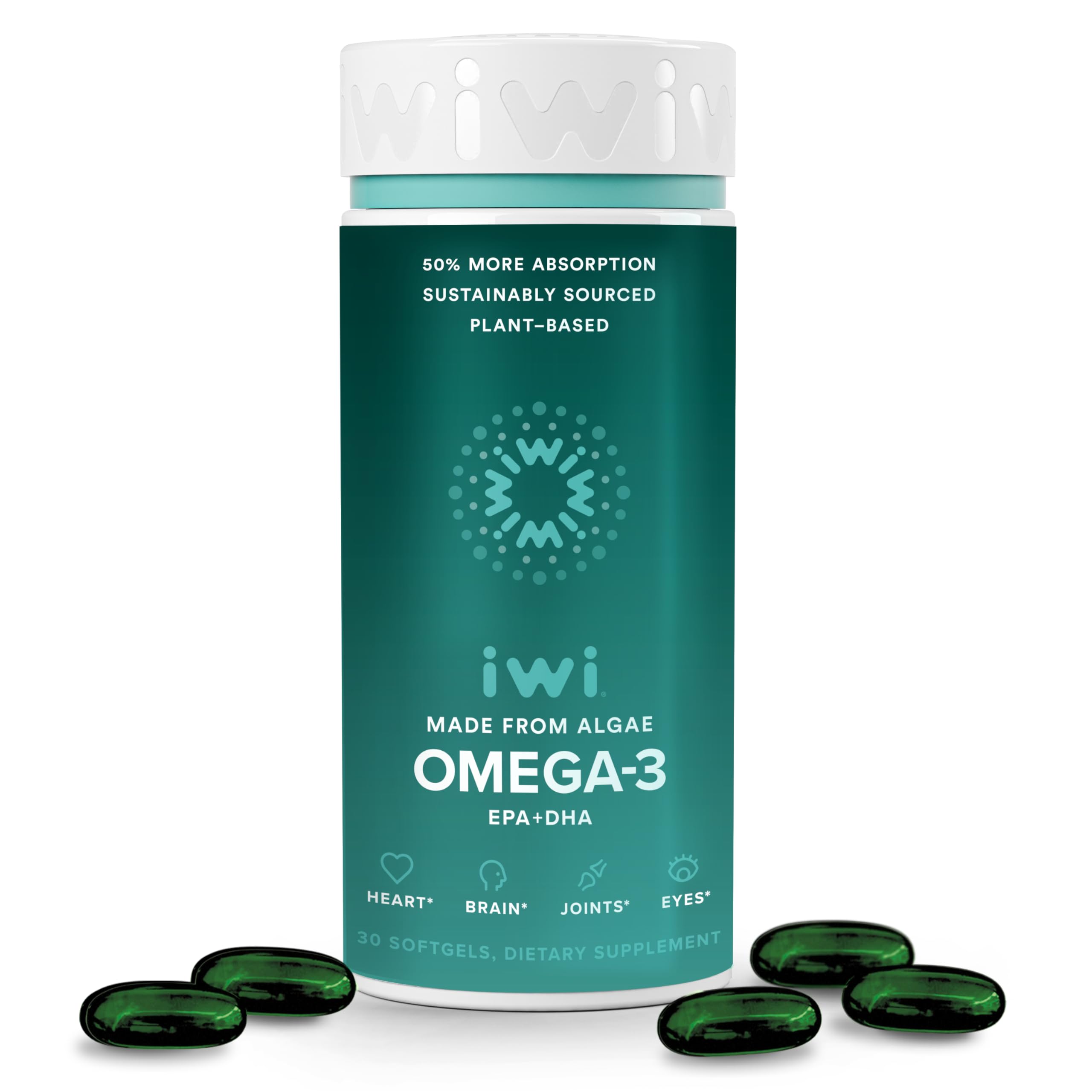 Iwi frasco frontal Omega‑3 mostrando diseño y cantidad de cápsulas para confianza