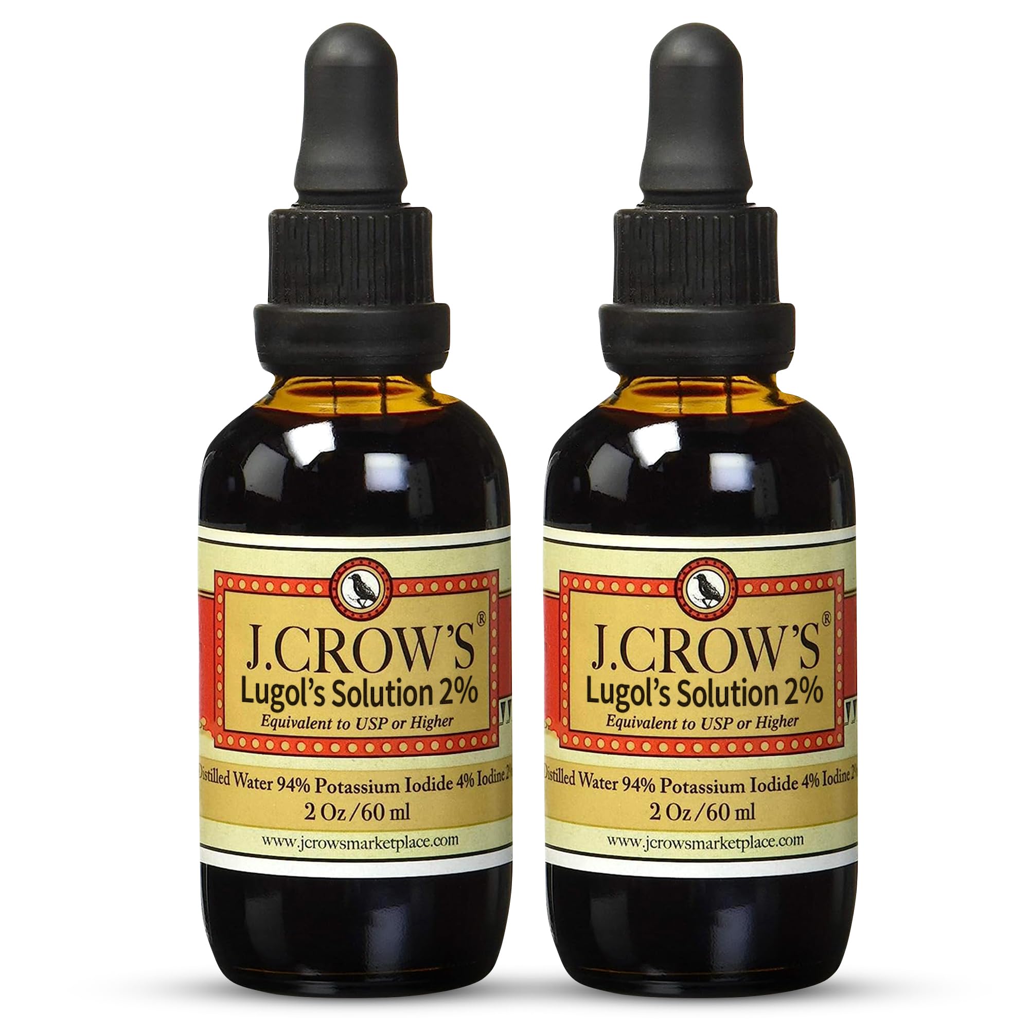 J. CROW'S frasco frontal Lugol's 2% mostrando envase y beneficio de dosificación precisa