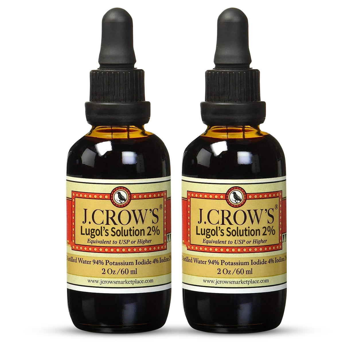 J. CROW'S frasco frontal Lugol's 2% mostrando envase y beneficio de dosificación precisa