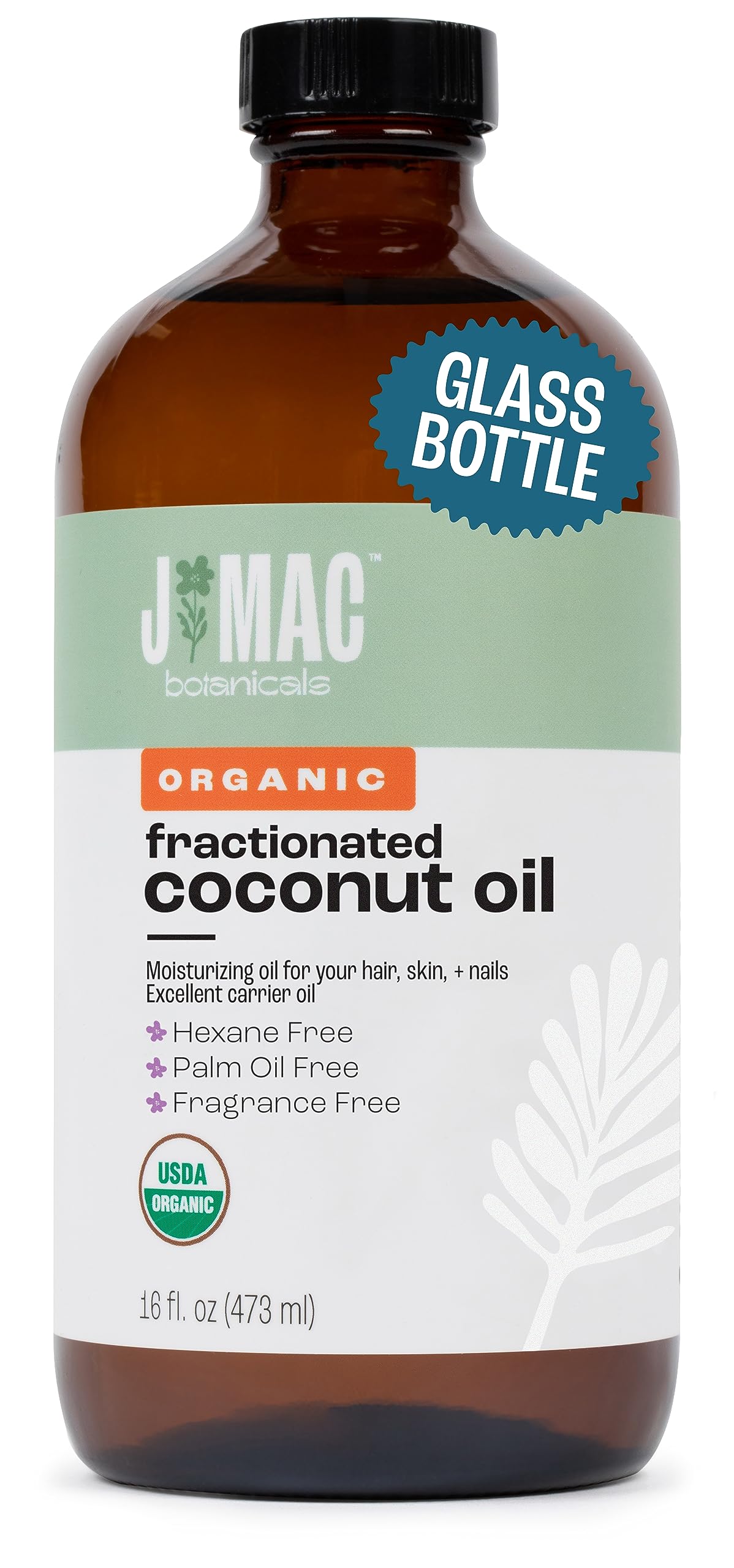 J MAC BOTANICALS botella frontal de vidrio mostrando aceite orgánico como portador