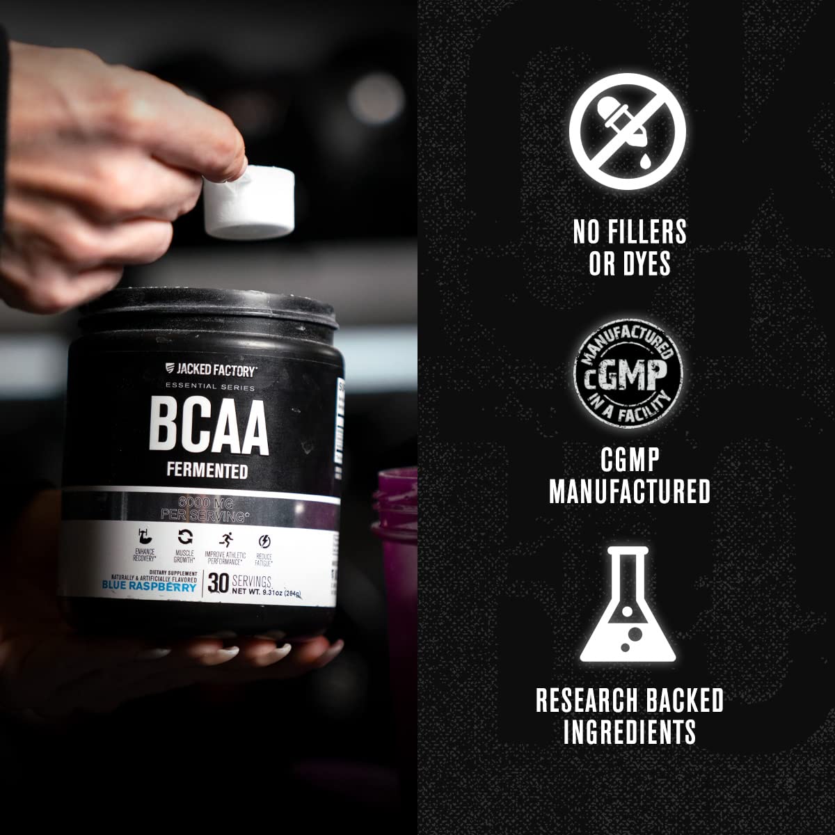 Cucharada con 6 g de Jacked Factory BCAA, porción exacta para entrenamiento