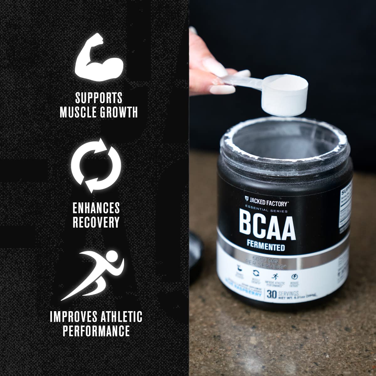 Etiqueta nutricional Jacked Factory BCAA mostrando 2:1:1 y ingredientes fermentados