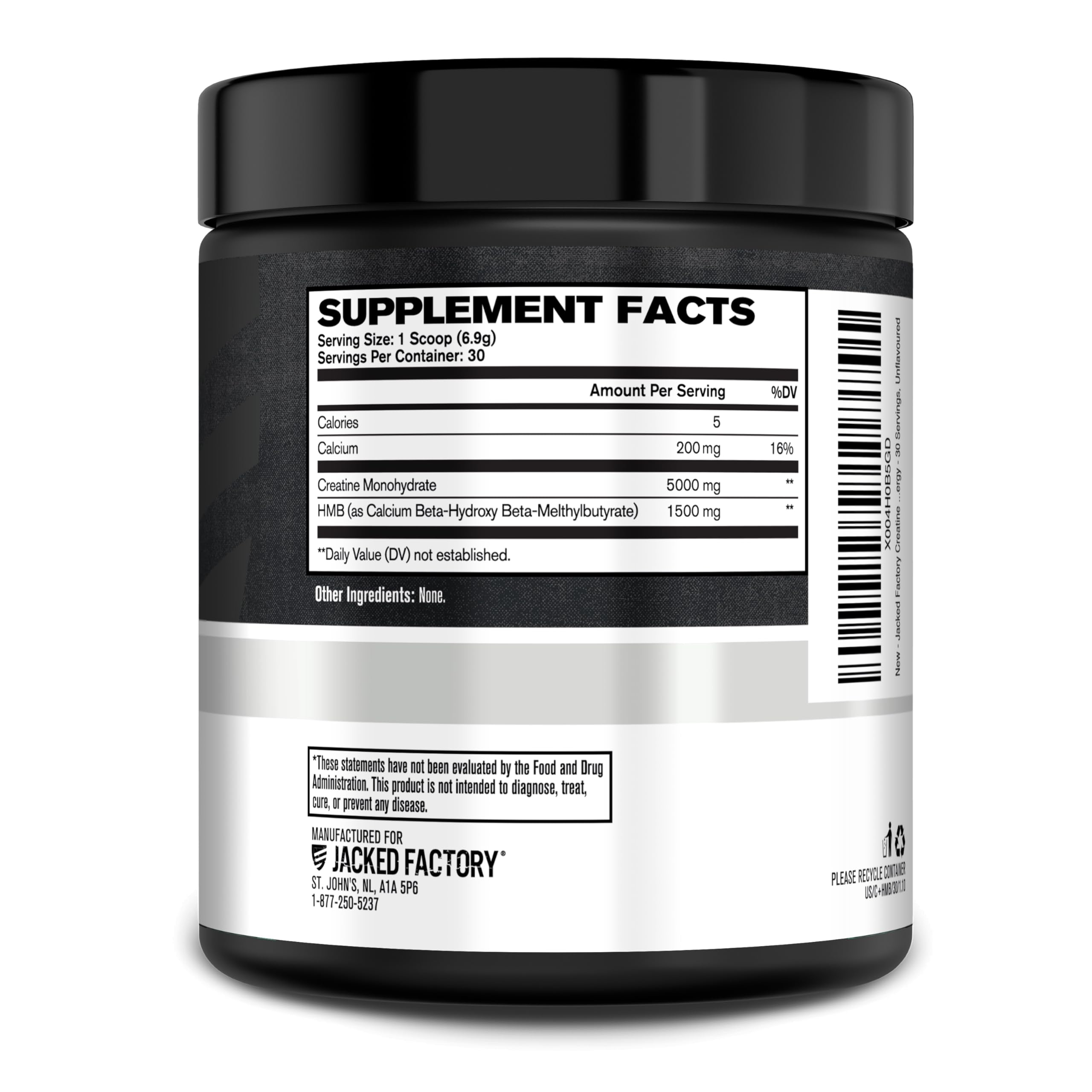 Jacked Factory lateral del envase mostrando información y sellado cGMP