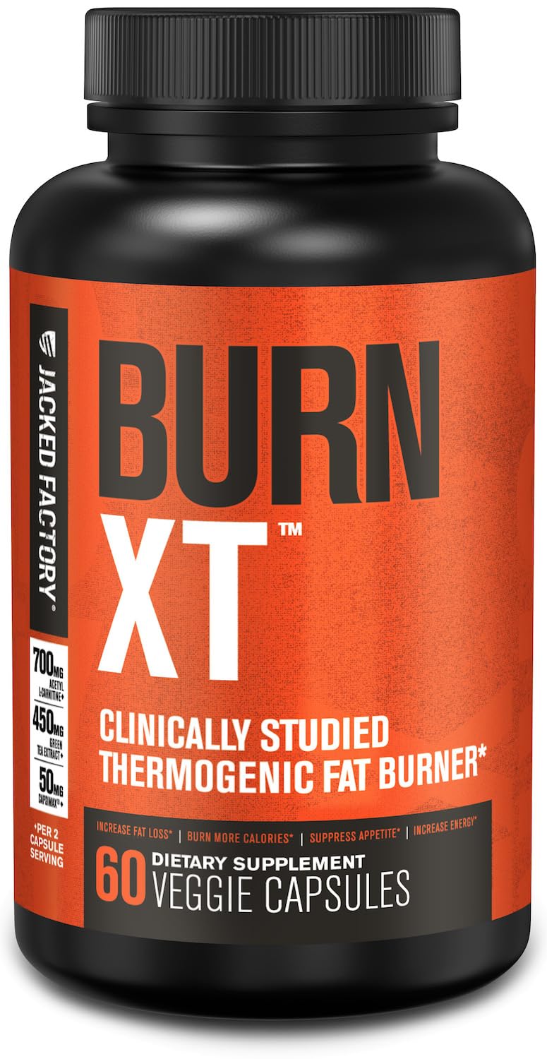 Jacked Factory Burn-XT frontal del envase mostrando diseño y beneficios clave