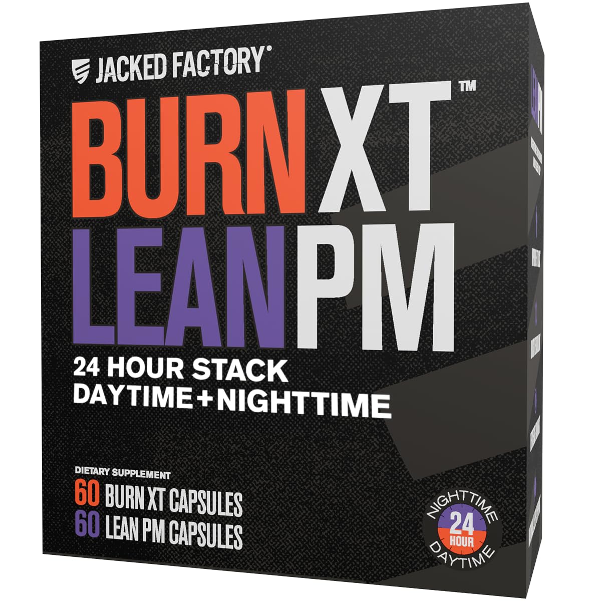 Jacked Factory pack frontal mostrando Burn-XT y Lean PM para apoyo 24 horas