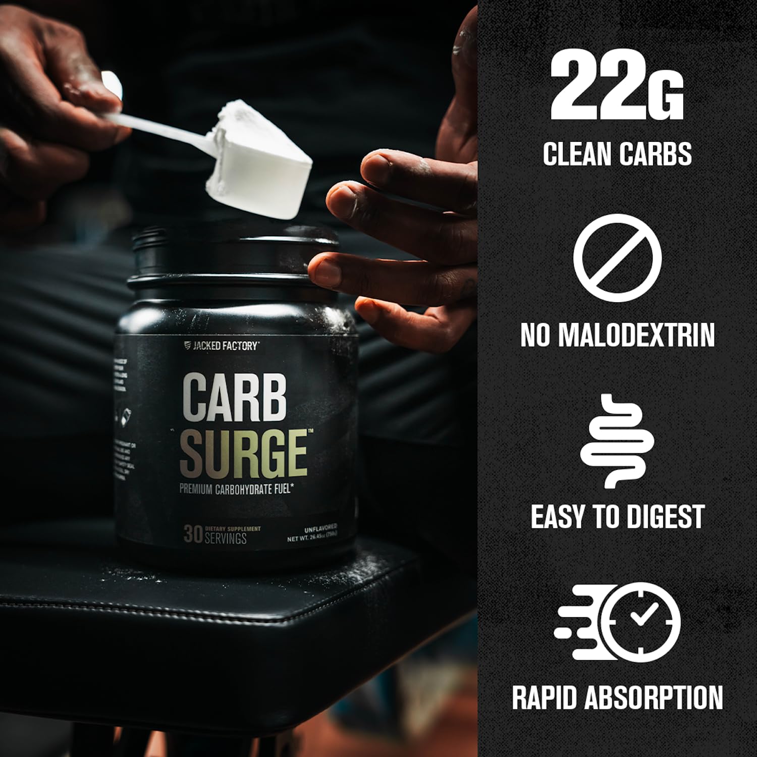 Jacked Factory Carb Surge polvo en primer plano textura fina y pura
