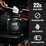 Jacked Factory Carb Surge polvo en primer plano textura fina y pura