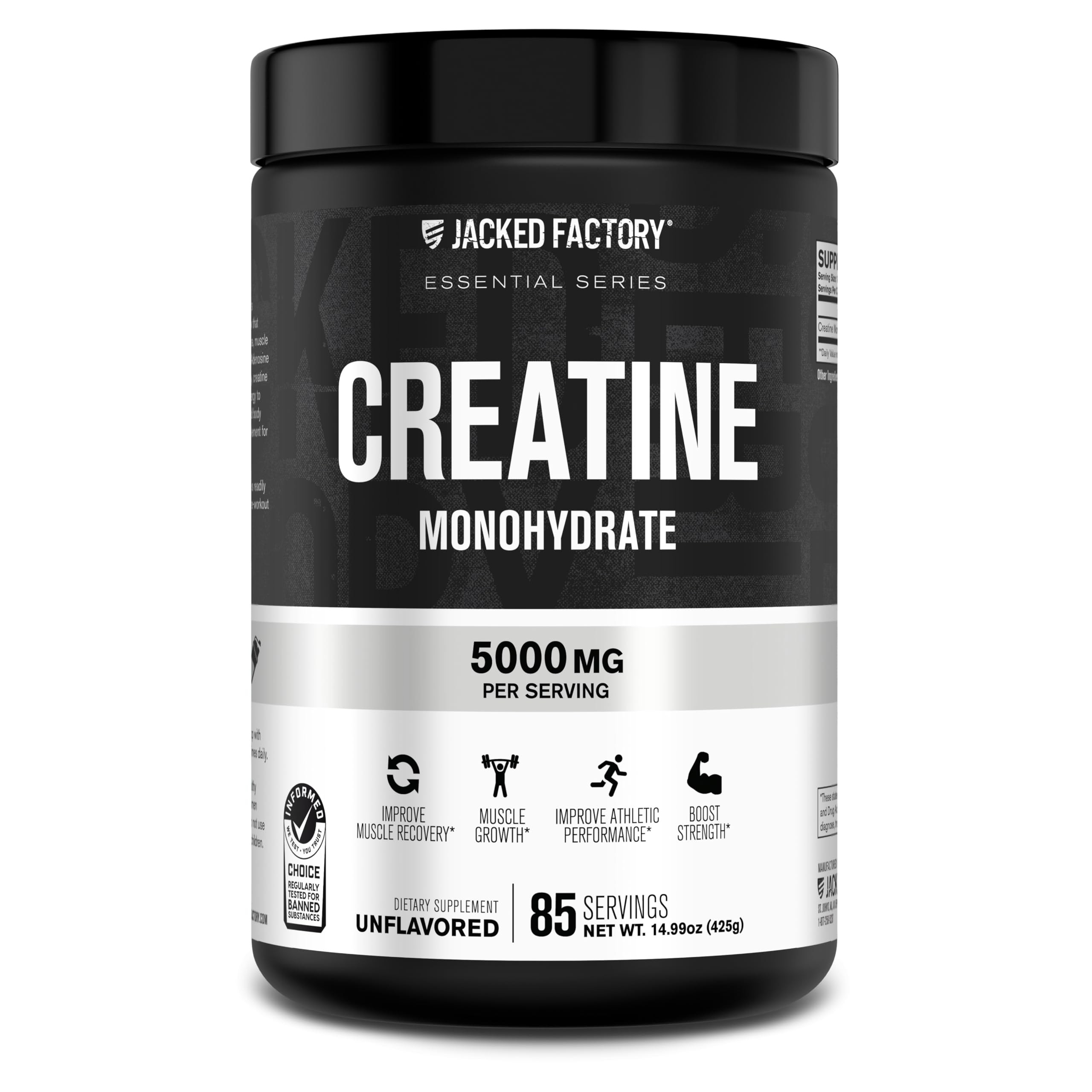 Jacked Factory envase frontal mostrando creatina pura y sin sabor, aporta confianza de marca