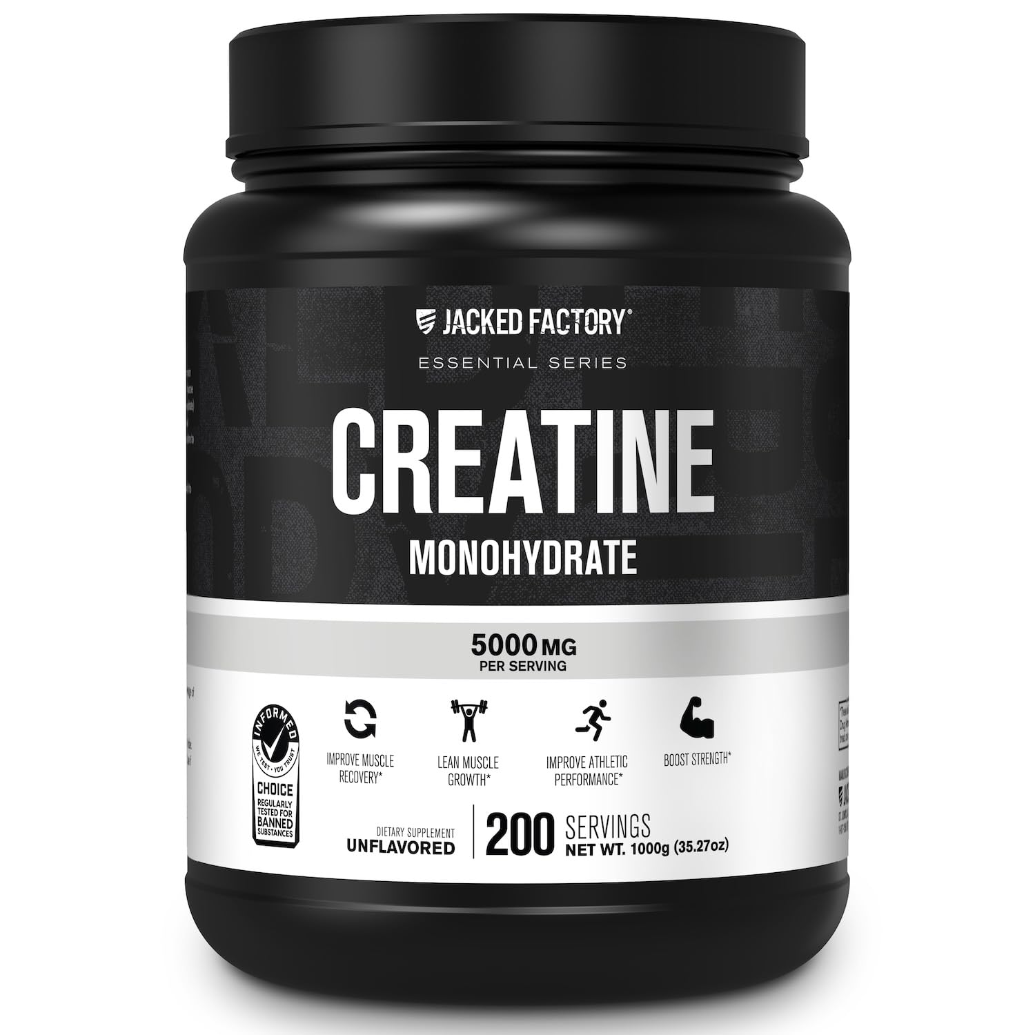 Jacked Factory creatina monohidrato envase frontal muestra pureza y confianza