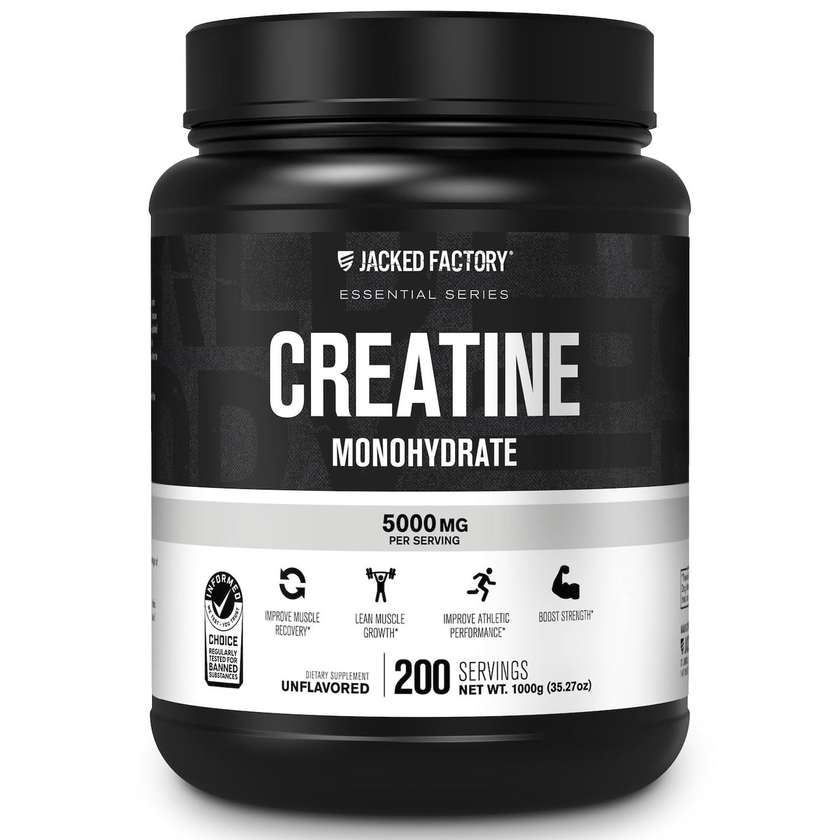 Jacked Factory creatina monohidrato envase frontal muestra pureza y confianza