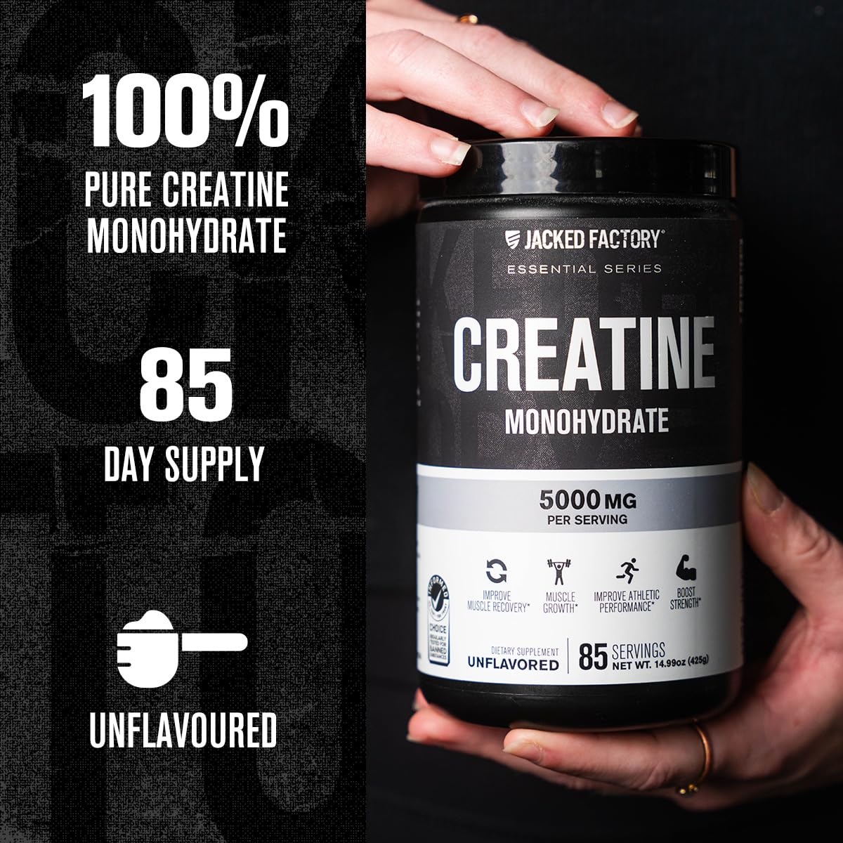 Polvo blanco micronizado de Jacked Factory creatina, textura fina que facilita mezcla