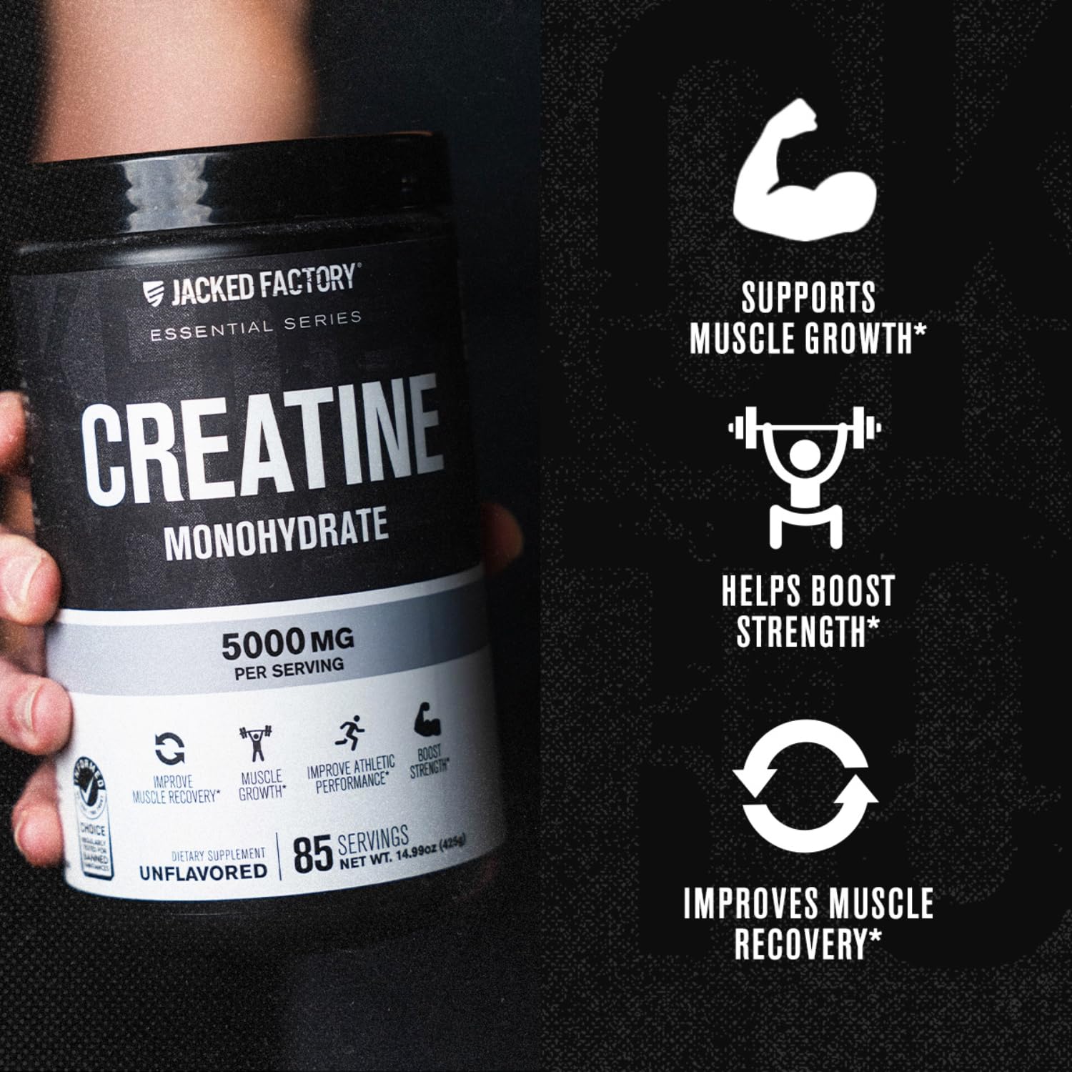 Atleta masculino en gimnasio usando Jacked Factory creatina antes del entrenamiento