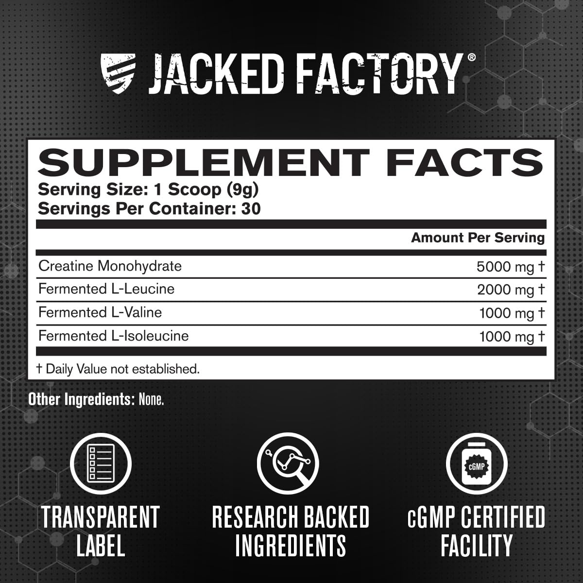 Comparación de tamaño del envase Jacked Factory Creatine + BCAAs con una mano
