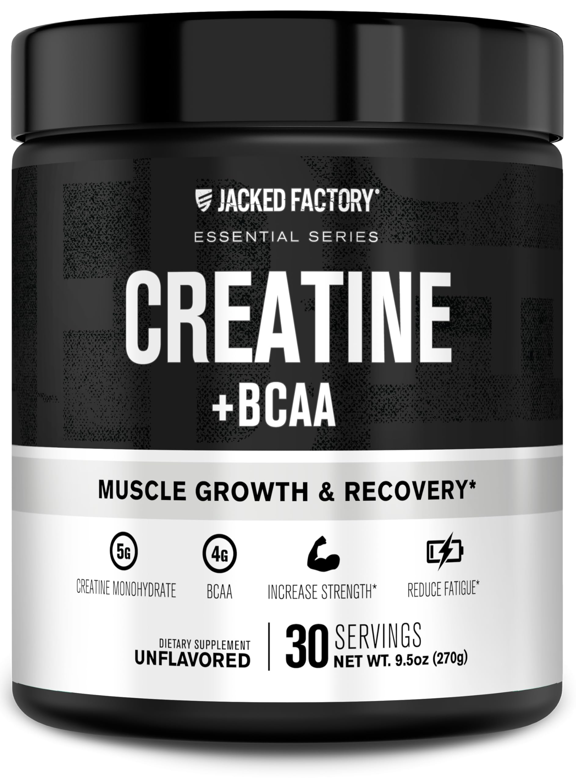 Envase Jacked Factory Creatine + BCAAs visto de frente mostrando diseño y cantidad