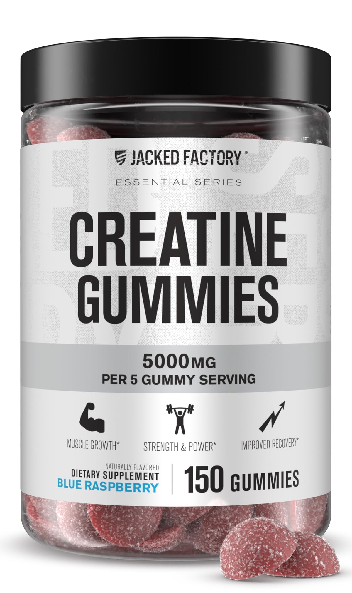 Jacked Factory envase frontal mostrando 150 gominolas y beneficio de dosificación diaria