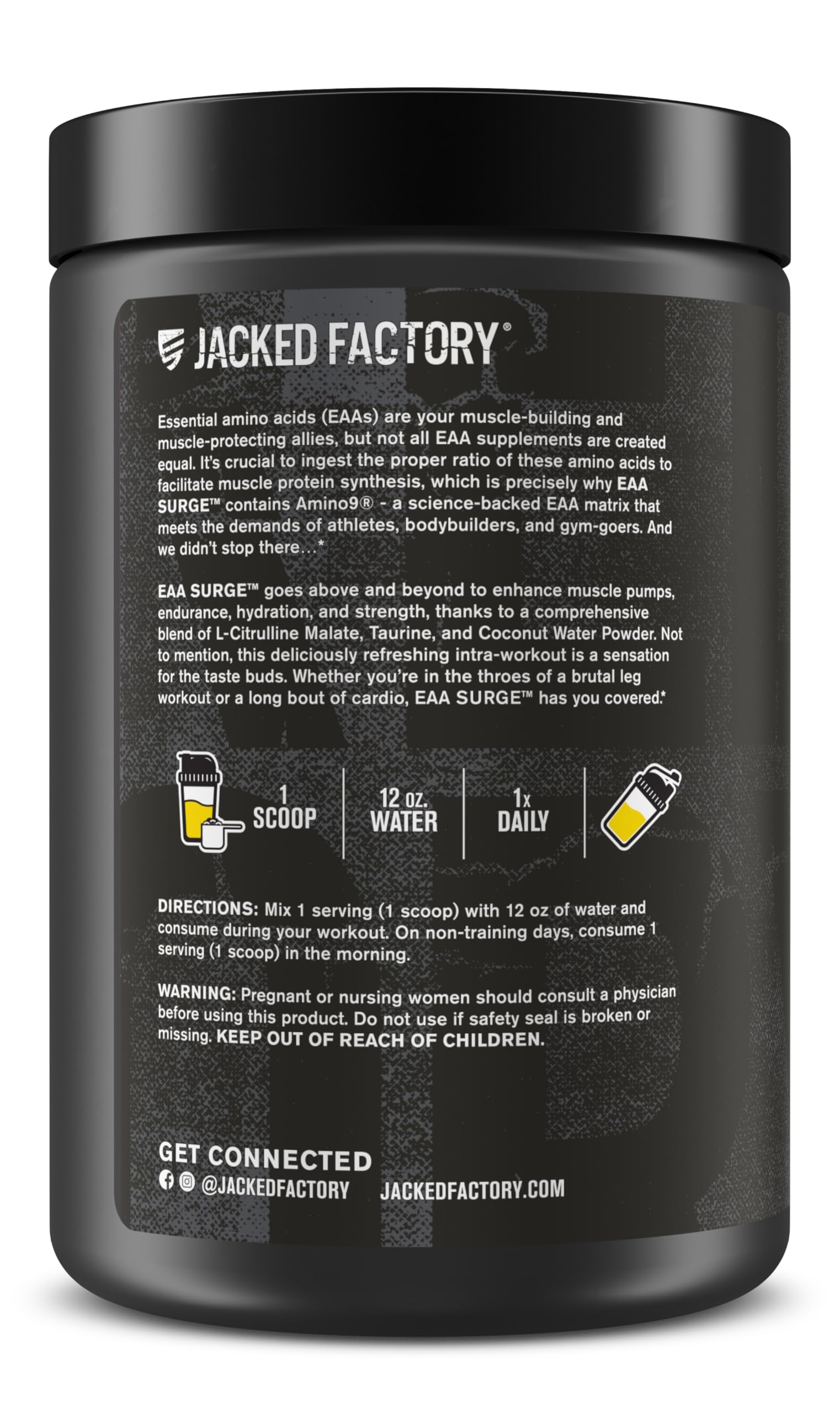 Jacked Factory etiqueta del producto con información de Amino9 y cGMP