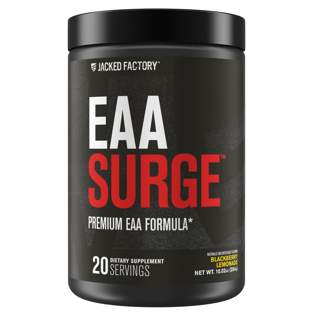 Jacked Factory frasco frontal del EAA Surge mostrando la marca y sabor