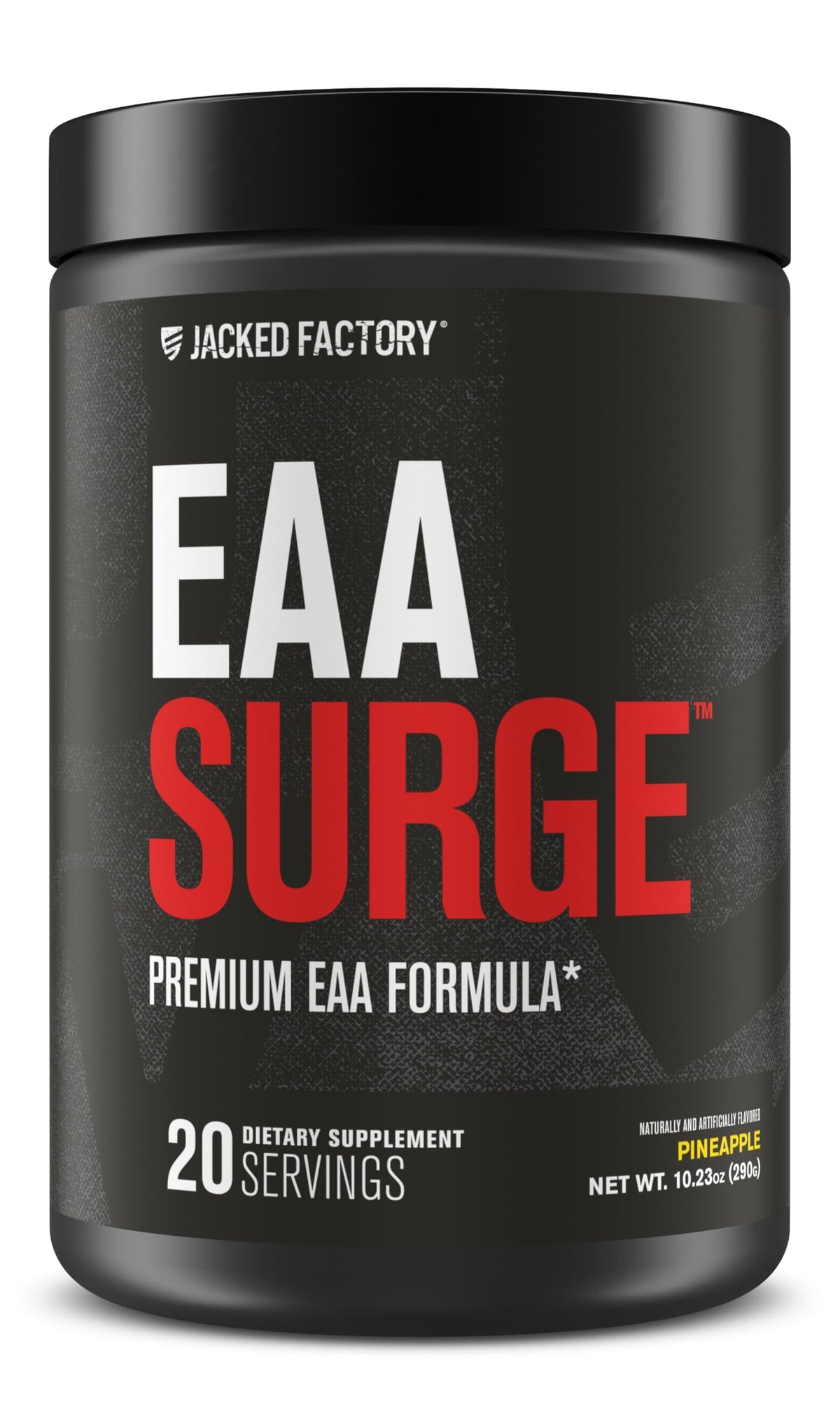 Jacked Factory vista frontal del envase mostrando sabor piña y porciones
