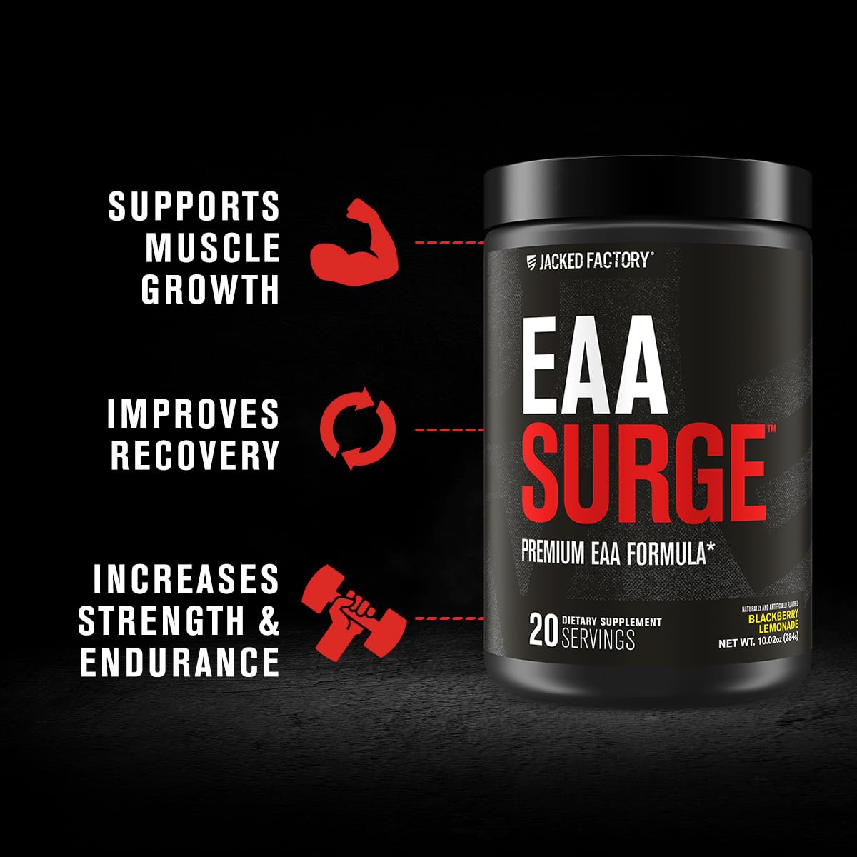Jacked Factory textura del polvo EAA Surge y aspecto fino, fácil disolución