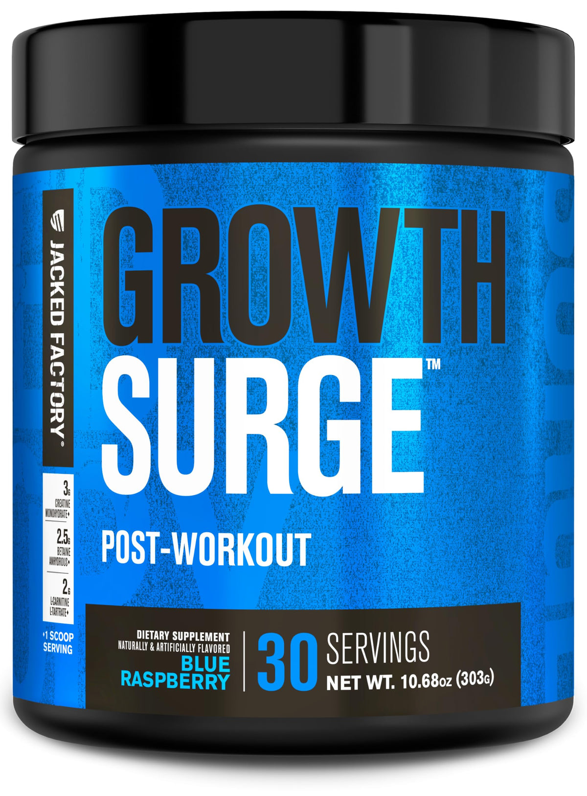 Jacked Factory envase frontal Growth Surge mostrando sabor frambuesa azul y beneficios