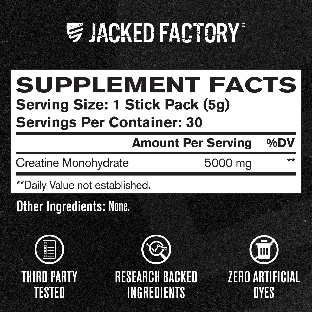 Jacked Factory detalle de etiqueta y sello de pruebas de terceros, confianza