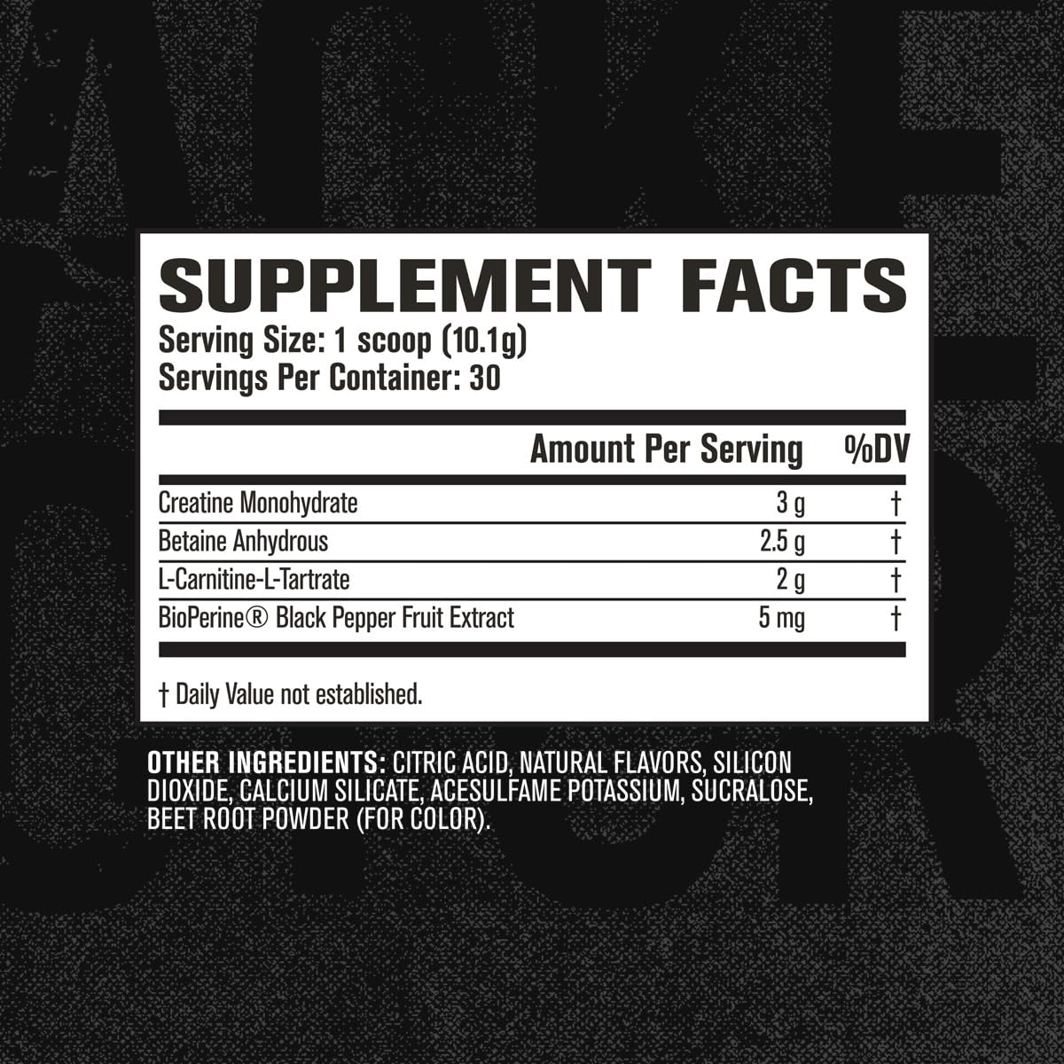 Etiqueta de Jacked Factory con lista de ingredientes y certificación cGMP visible