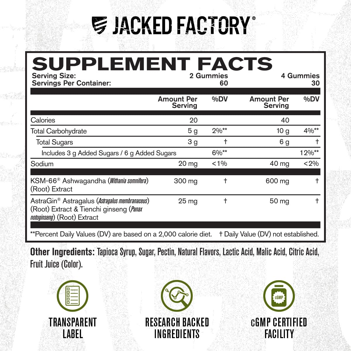 Jacked Factory etiqueta de ingredientes destacando KSM‑66 y AstraGin