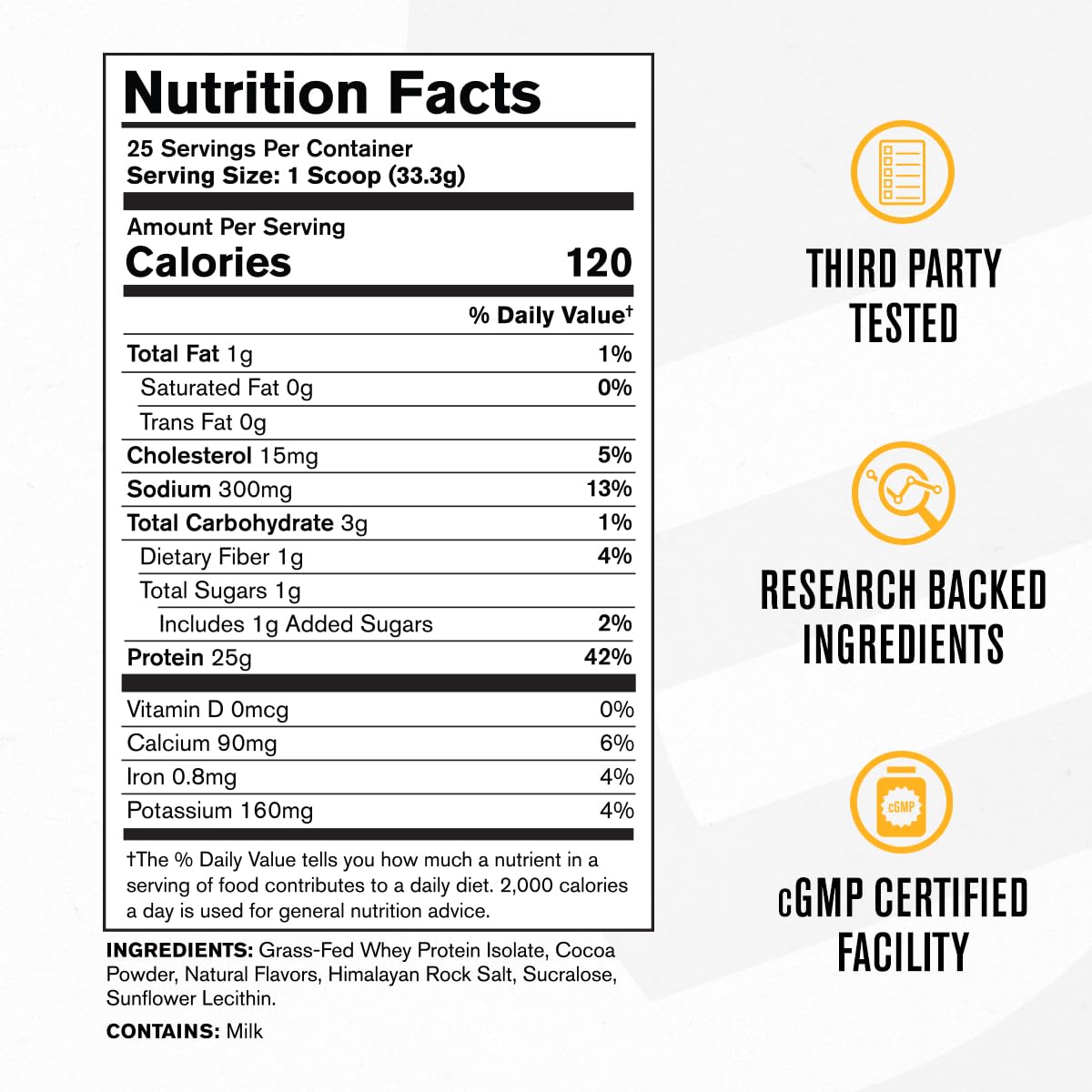 Jacked Factory etiqueta nutricional detallada que destaca 25 g de proteína por servicio y ingredientes limpios