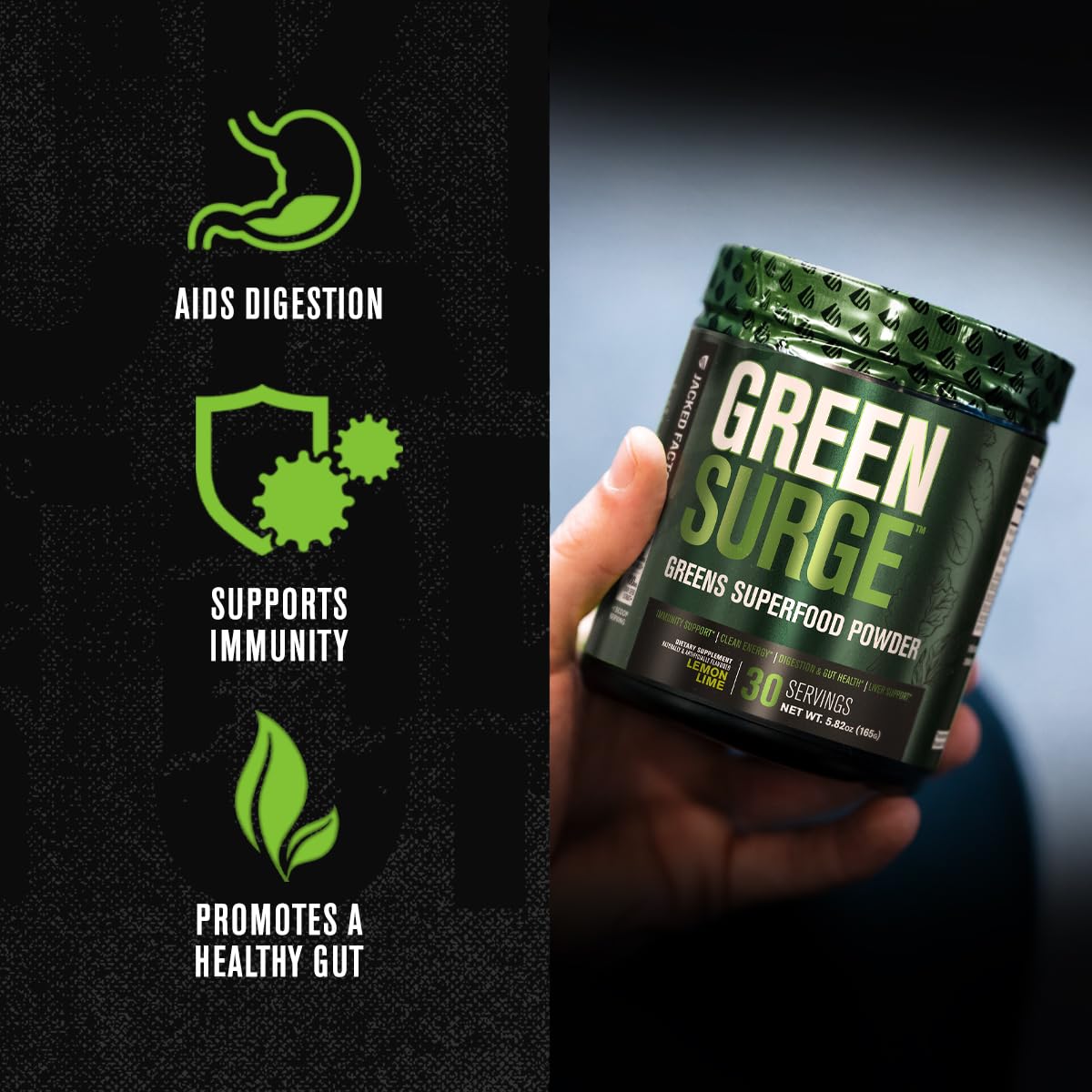 Jacked Factory cucharada de Green Surge lista para mezclar y aportar nutrientes