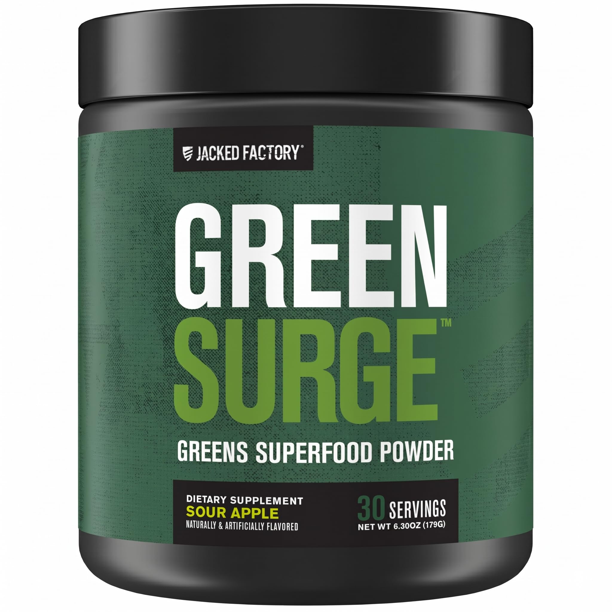 Jacked Factory envase frontal de Green Surge mostrando sabor Sour Apple y beneficios