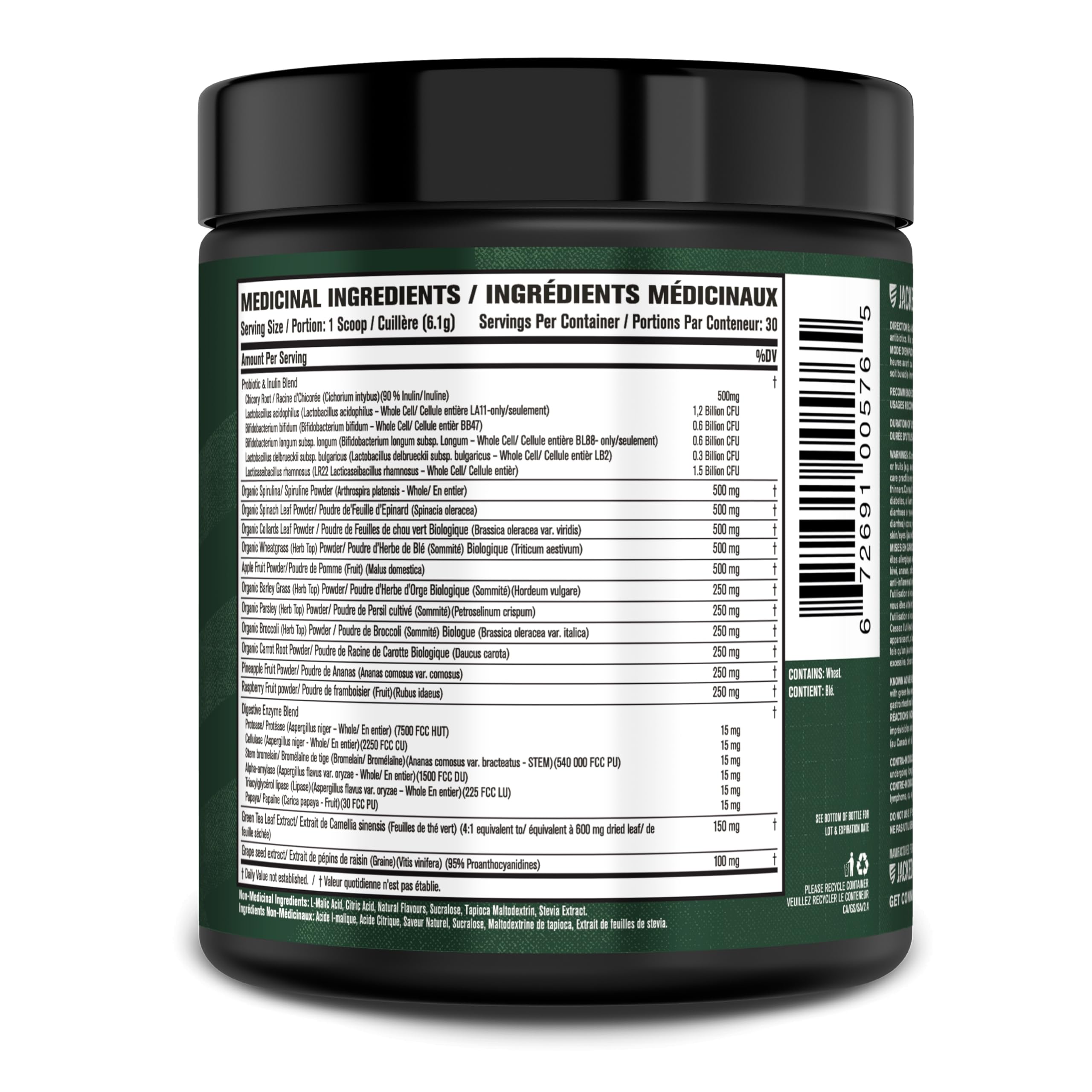 Jacked Factory ingredientes orgánicos como spirulina y wheatgrass en fondo natural