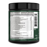 Jacked Factory ingredientes orgánicos como spirulina y wheatgrass en fondo natural