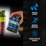 Vaso con Growth Surge mezclado y espuma ligera lista para beber