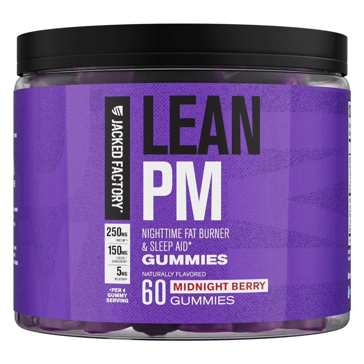 Jacked Factory bote frontal Midnight Berry mostrando etiqueta clara y beneficios