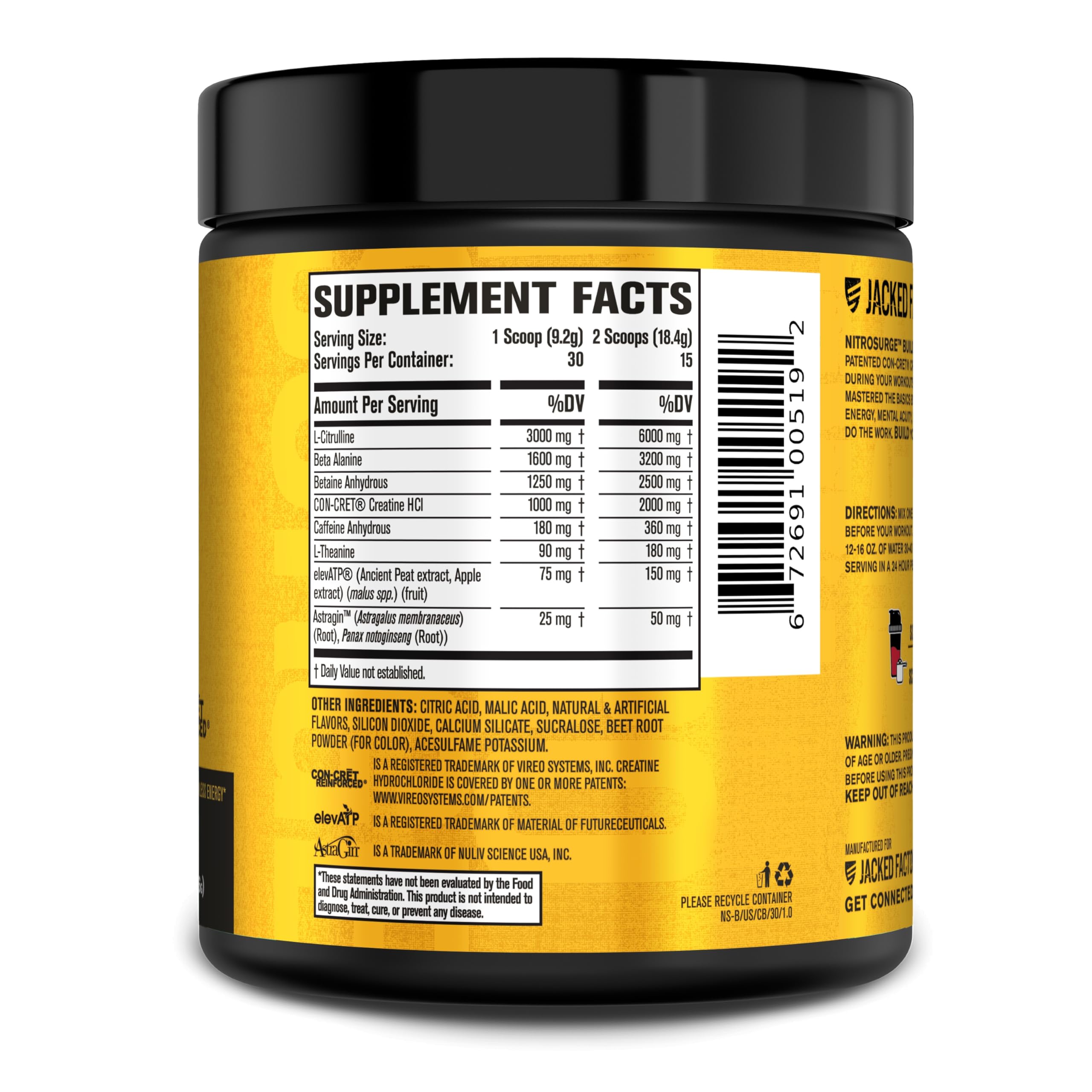 Jacked Factory Nitrosurge Build ingredientes clave Con-Cret y elevATP resaltados para eficacia