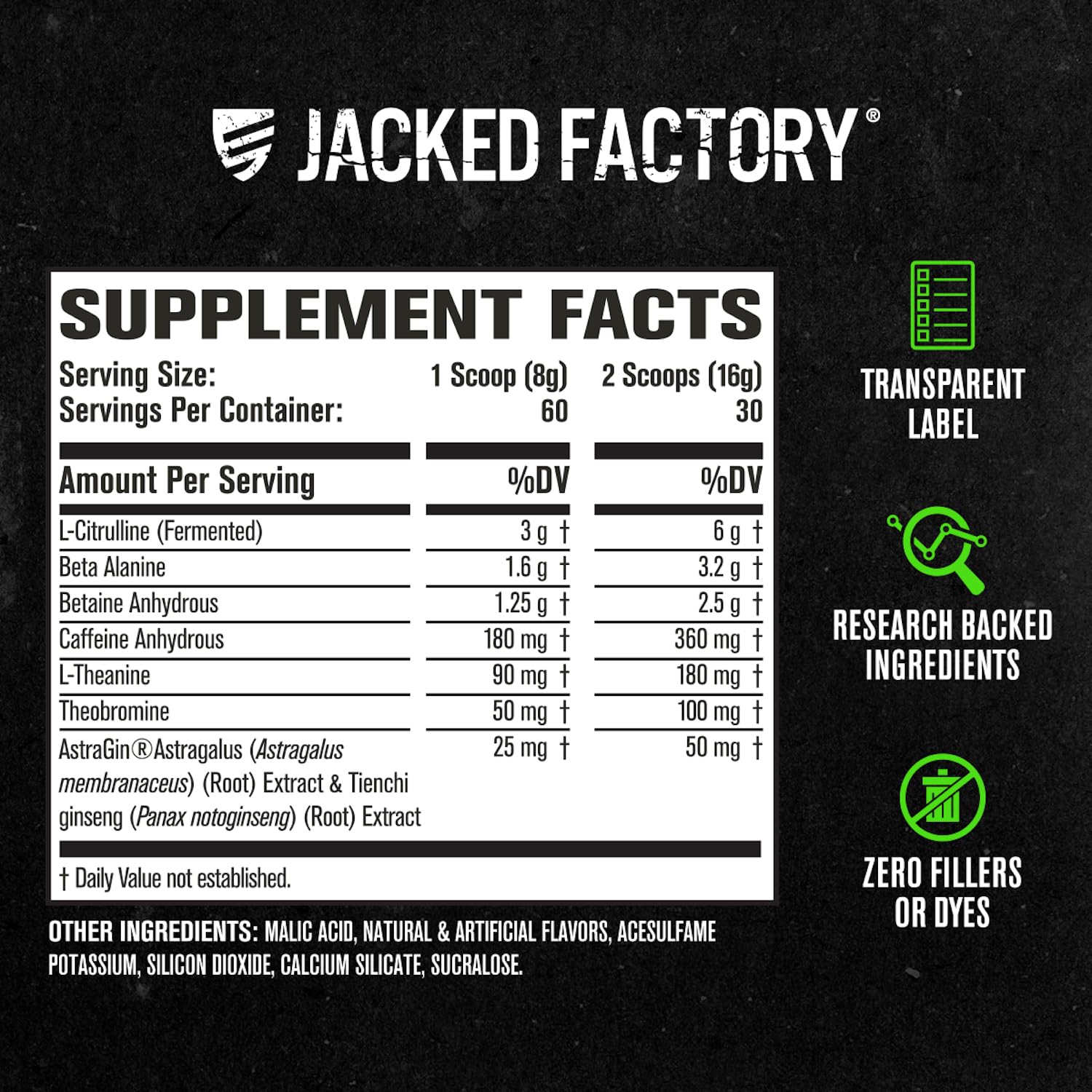 Jacked Factory etiqueta con lista de ingredientes y beneficios deportivos