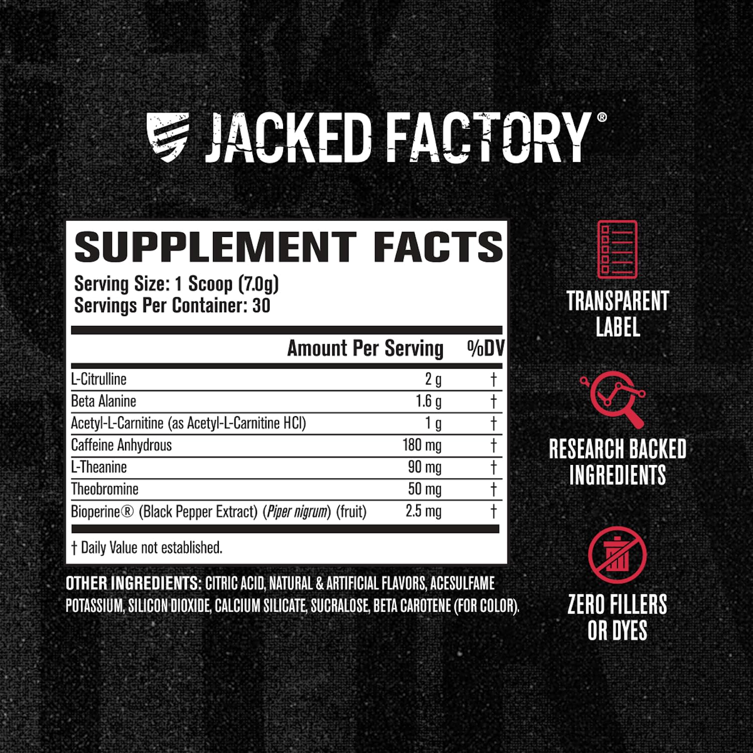 Jacked Factory etiqueta de ingredientes destaca fórmulas sin rellenos