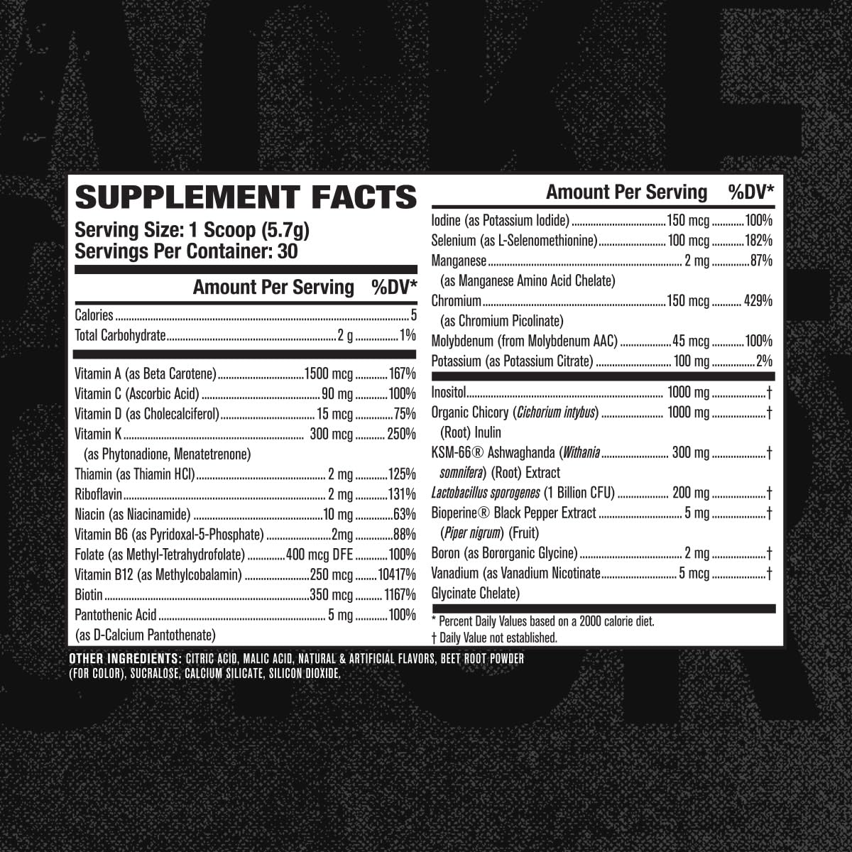 Jacked Factory etiqueta nutricional de Vita XT mostrando vitaminas y minerales