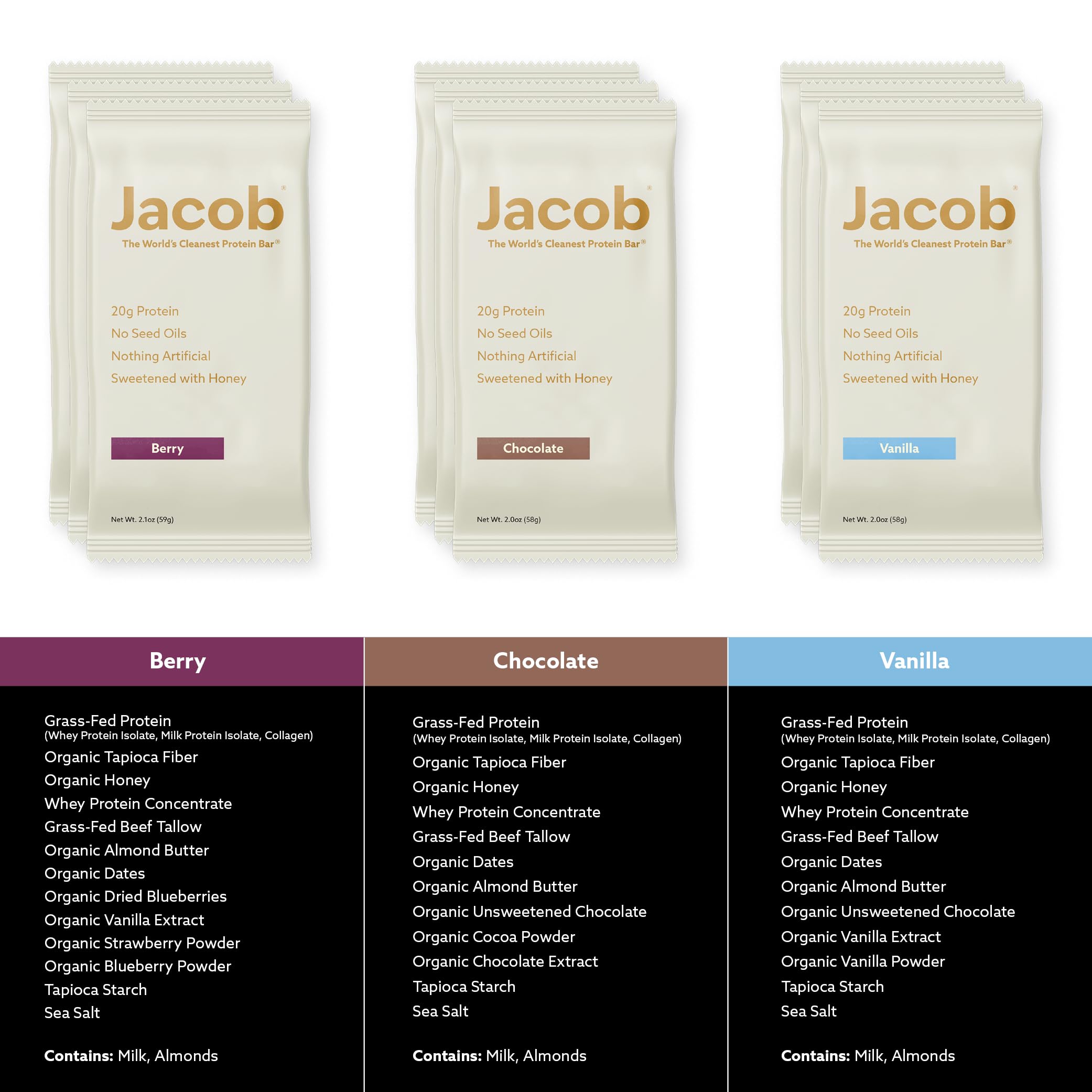 Jacob Bar barra abierta exhibiendo interior y aporte de 20 g proteína