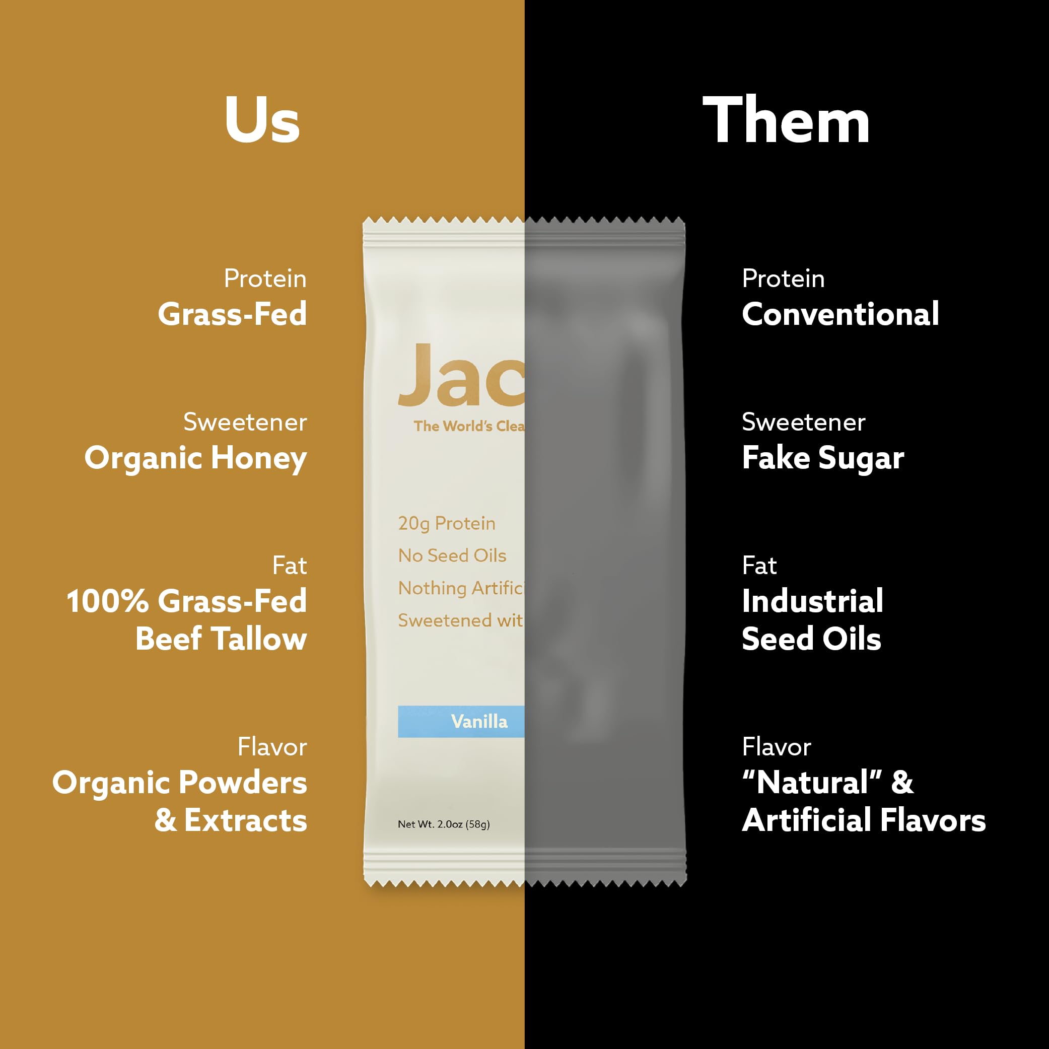 Jacob Bar etiqueta de ingredientes destacando ausencia de aceites de semilla