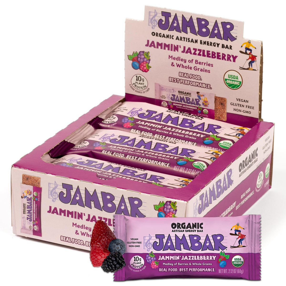 JAMBAR empaque frontal mostrando sabor Jammin Jazzleberry y beneficios orgánicos