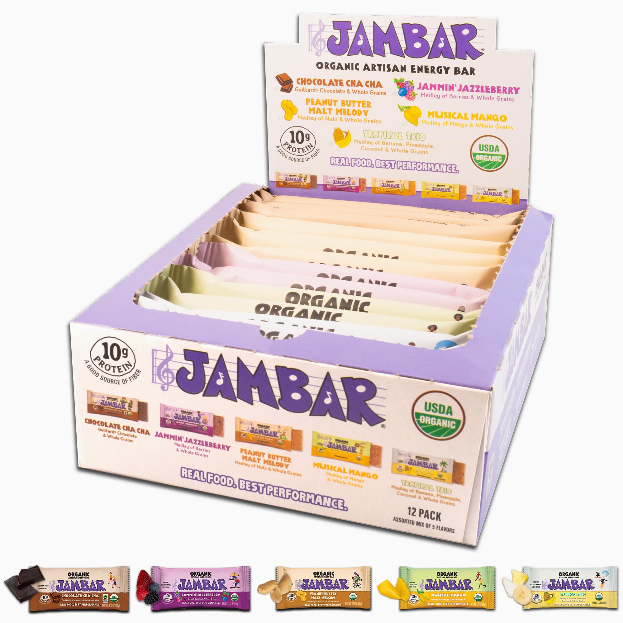 JAMBAR empaque frontal del pack 12 mostrando variedad y sello orgánico