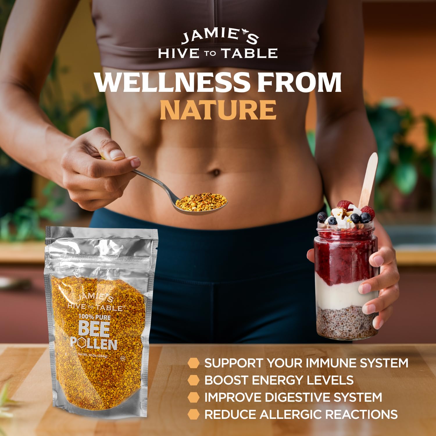Jamie’s Hive to Table polen espolvoreado en smoothie mostrando mejora visual