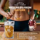 Jamie’s Hive to Table polen espolvoreado en smoothie mostrando mejora visual