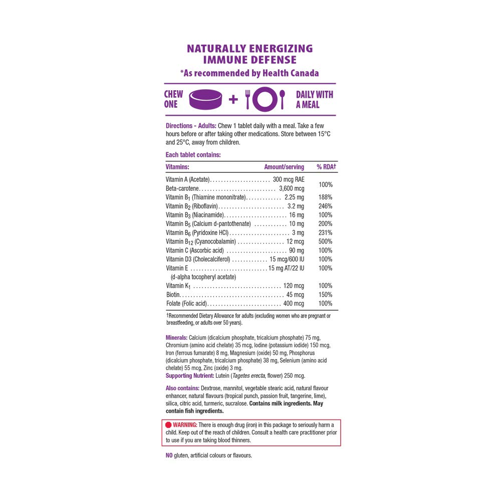 Jamieson etiqueta de ingredientes resaltando vitaminas y minerales clave
