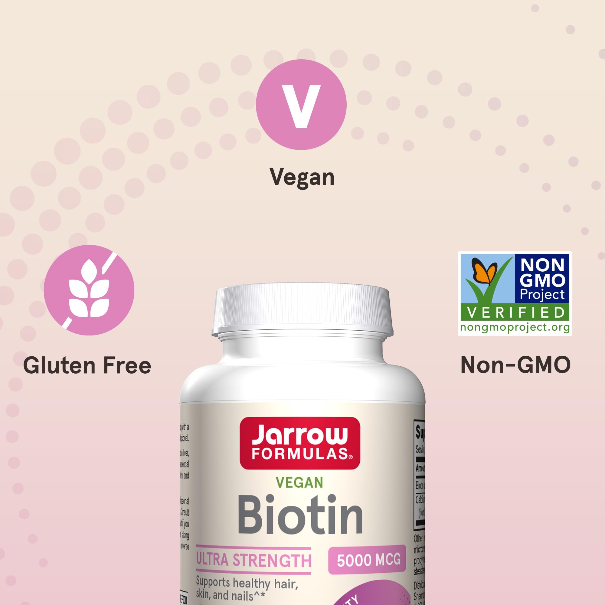 Etiqueta nutricional de Jarrow Formulas Biotin con información de 5000 mcg por cápsula