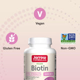 Etiqueta nutricional de Jarrow Formulas Biotin con información de 5000 mcg por cápsula