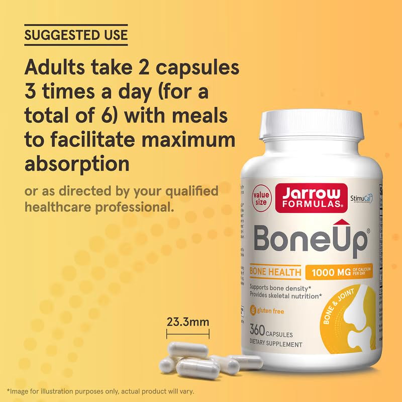 Jarrow Formulas BoneUp cápsulas junto a un vaso de agua en rutina matutina