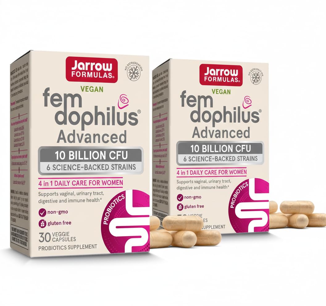 Jarrow Formulas Fem-Dophilus frontal mostrando envase y beneficios claros